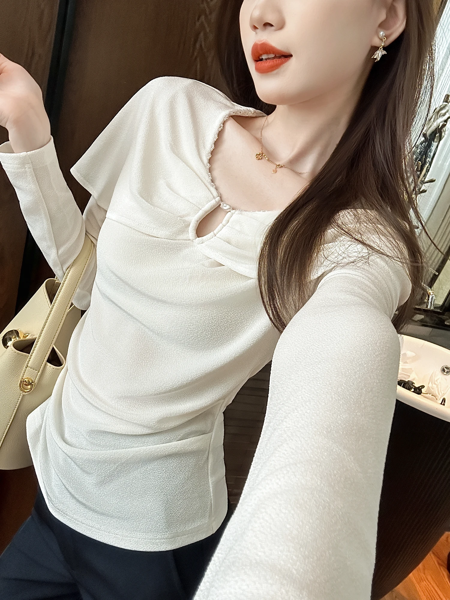 

You See Early Autumn Pearl Button Soft Gentle Top Base Layer Recommendation Casual Sle Long Sve Knitted Sweater for Women