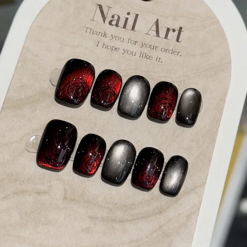10pcs Chic Short Square Head Fake Nails with Glue Flash Red Cat Eye Rose Handmade Press on Nails Wearable Full Cover Nails Tip