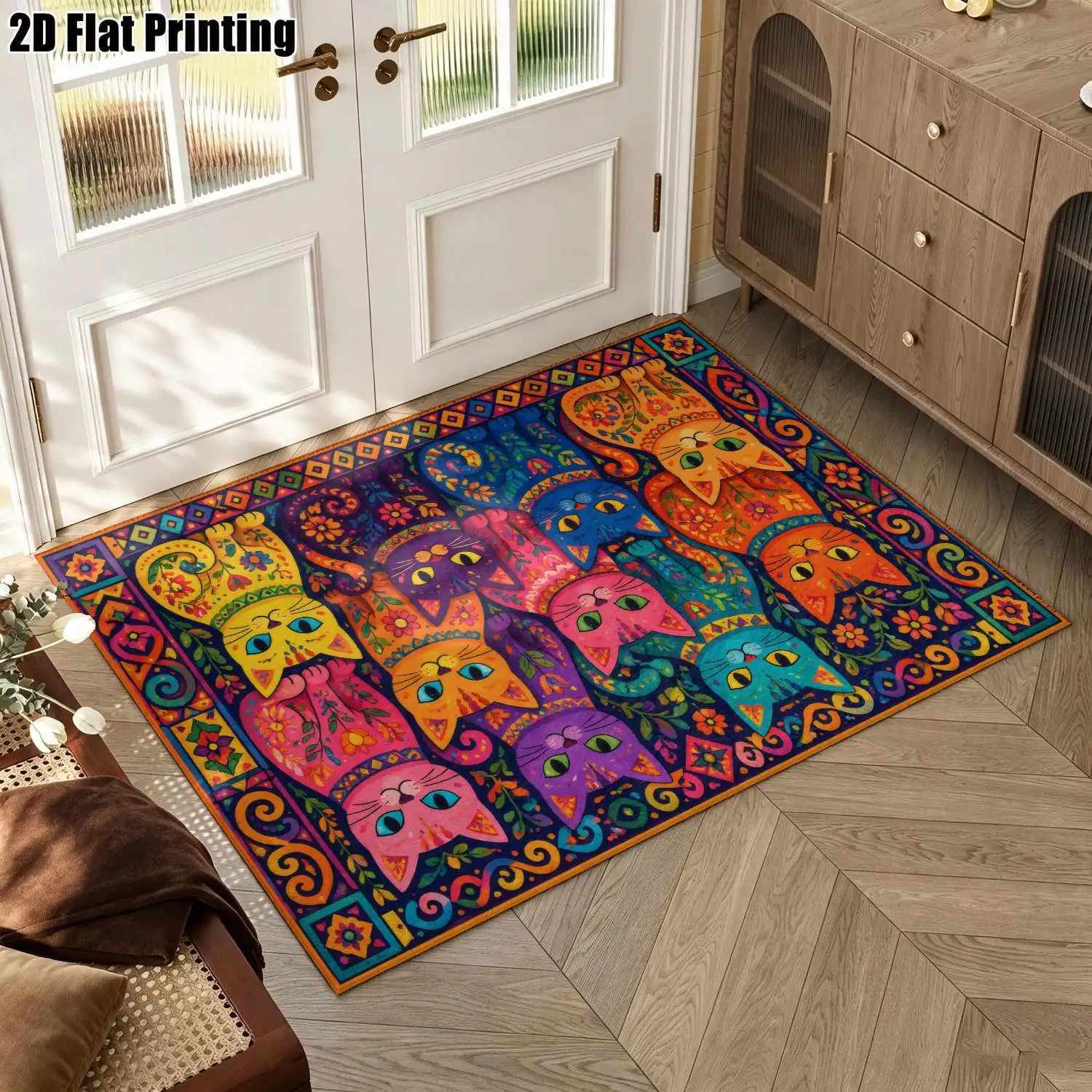 1Pc 2D Printed Colorful Bohemian Animal Pattern Vintage Geometric European-Style Carpet, Multi-Size Home Decor Mat, Machine-Washable for Entrance, Dining Room, Foyer, Living Room, Bedroom