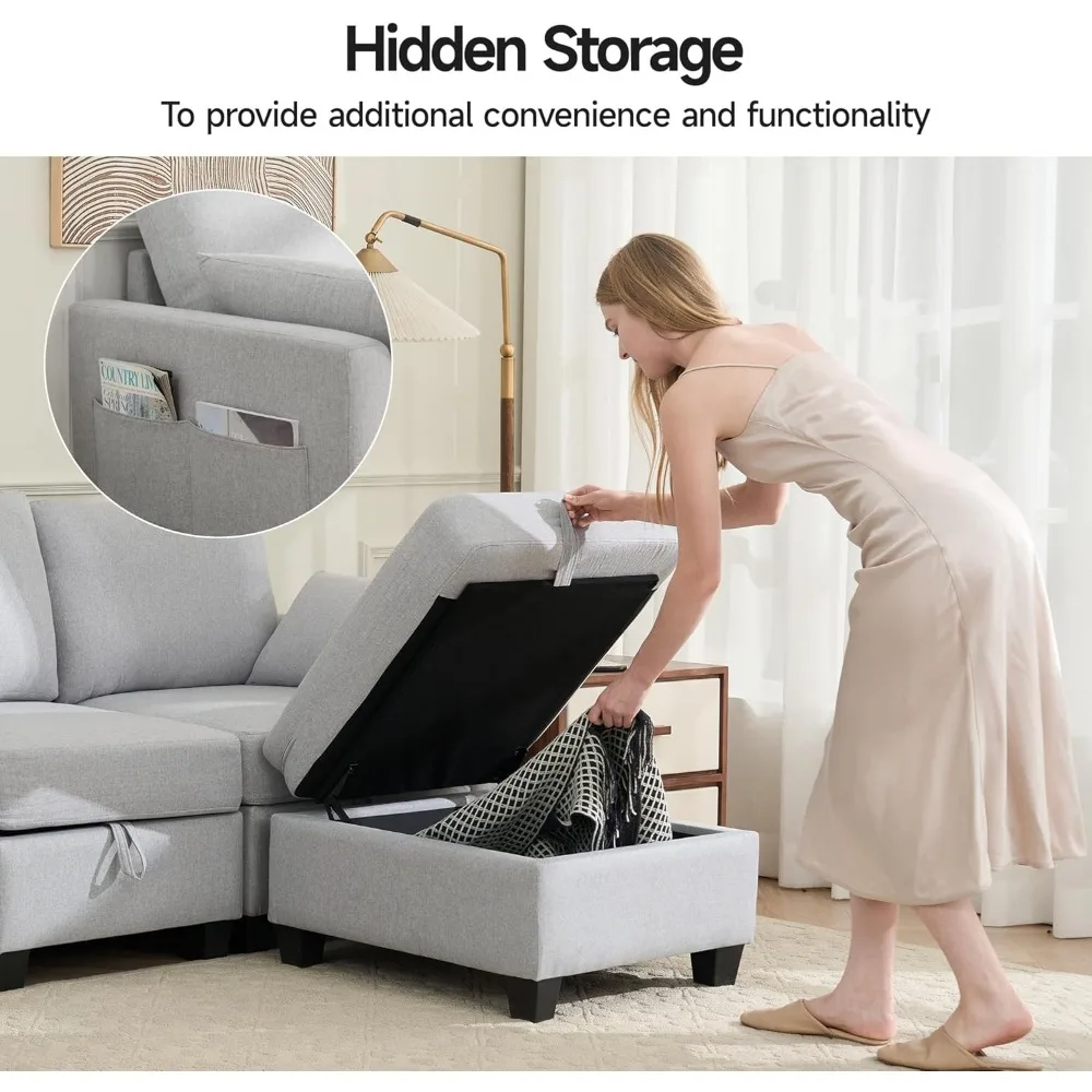 أريكة مقطعية على شكل حرف L قابلة للتحويل بثلاثة مقاعد من قماش الكتان مع مسند متحرك، مثالية للمساحات الصغيرة وغرف المعيشة #3