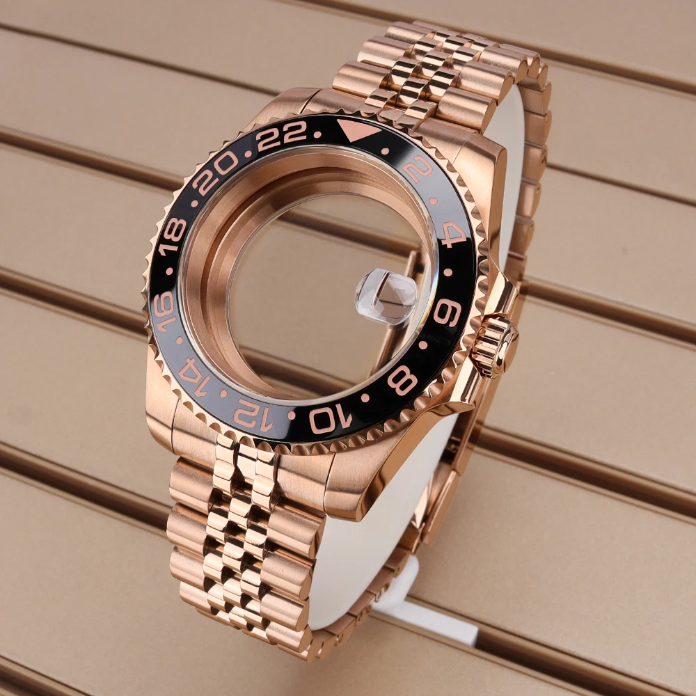 40mm Rose Gold Watch Case Sapphire Crystal 120 Click For SUB GMT NH35 NH36 NH34 Eta 2824 Water-Resistant 28.5mm Dial NH35 Case
