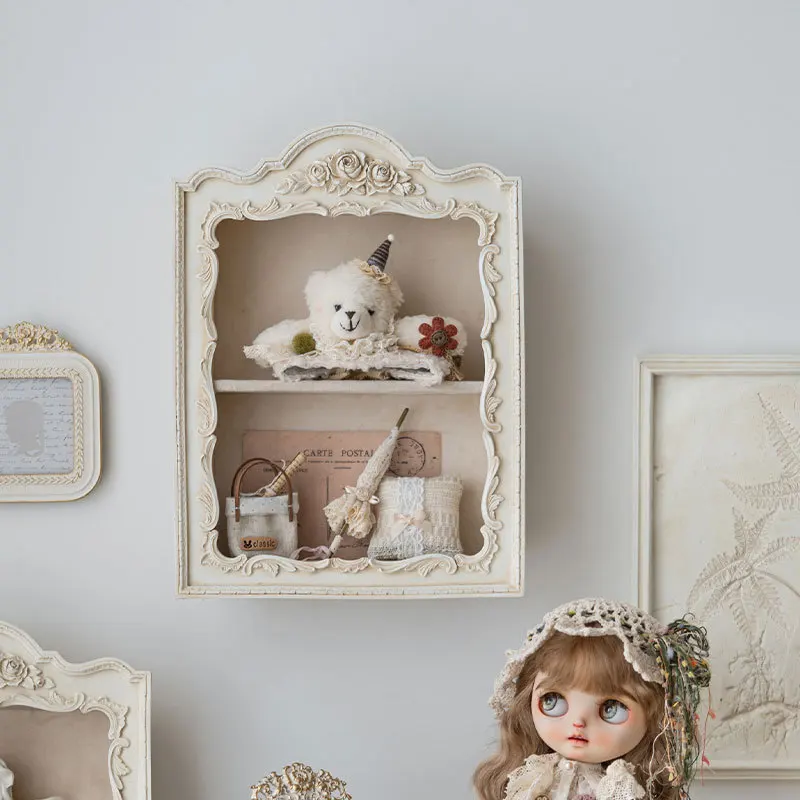 European Vintage Carved Wall Shelf Resin Two Tier Display Rack 32cm Width 23.5cm French Antique White Bronze Home Decor Niche