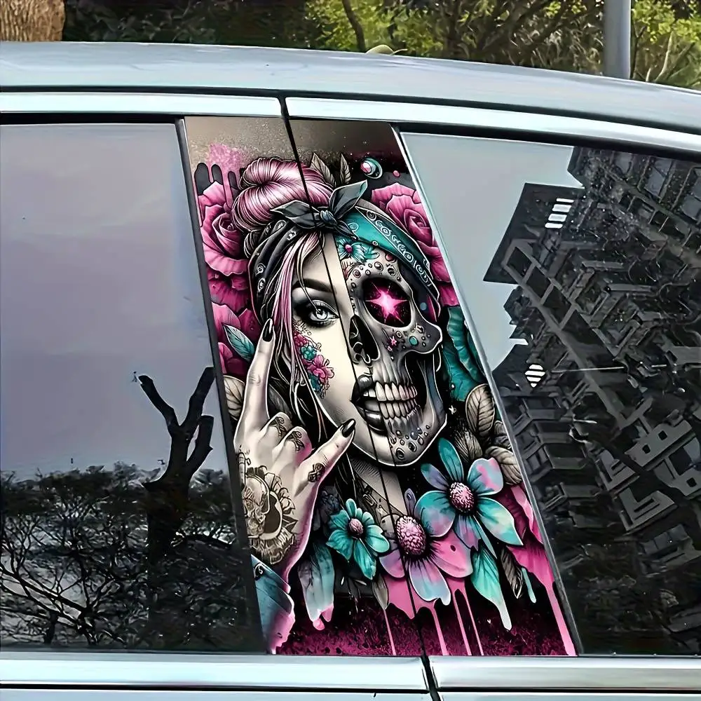 Skull Girl Pink Rose Candy Skull Car B Pillar Stickers Decals Universal S