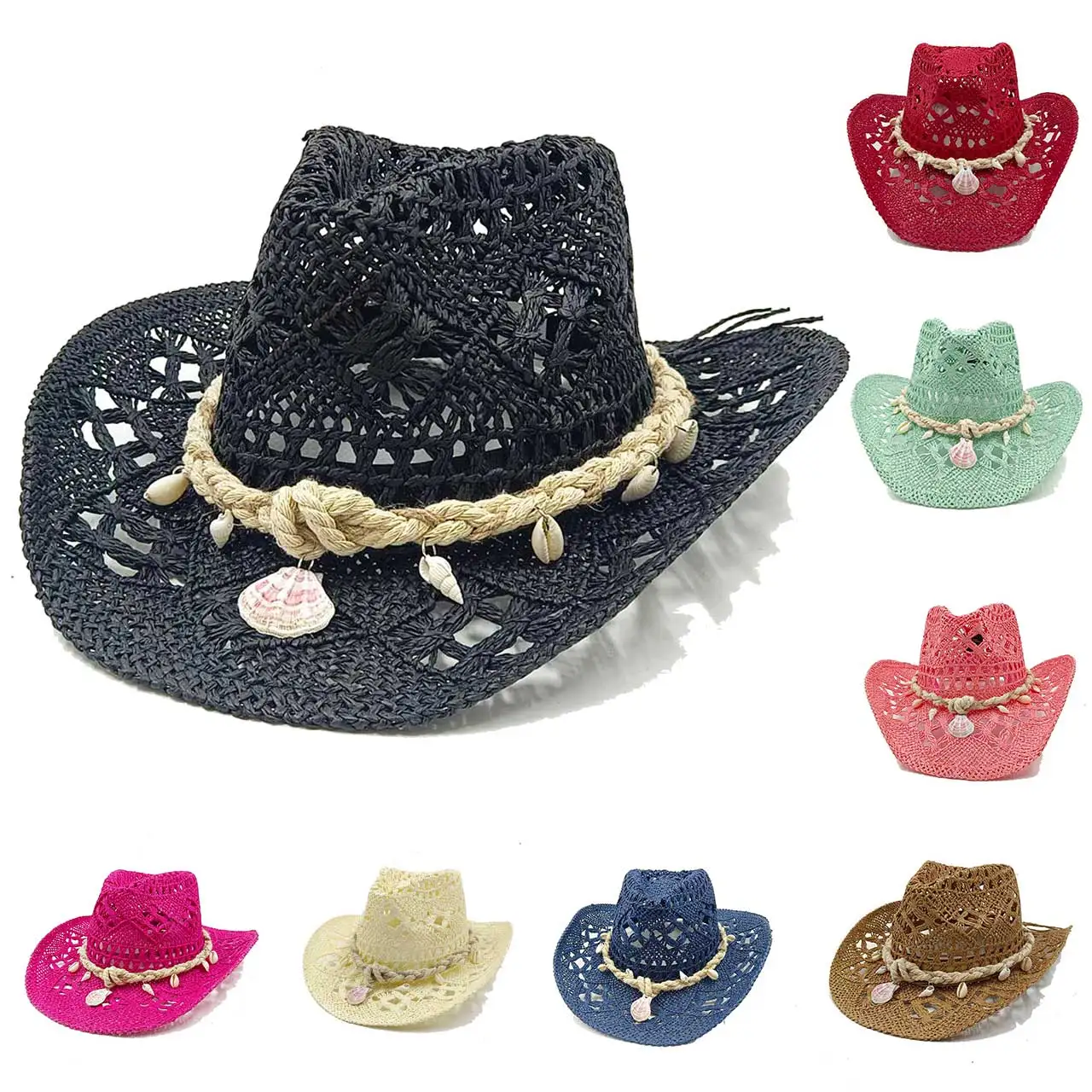 

Винтажная летняя пляжная шляпа в богемном стиле, соломенная ковбойская шляпа унисекс, с отверстиями, для отпуска, солнцезащитная кепка