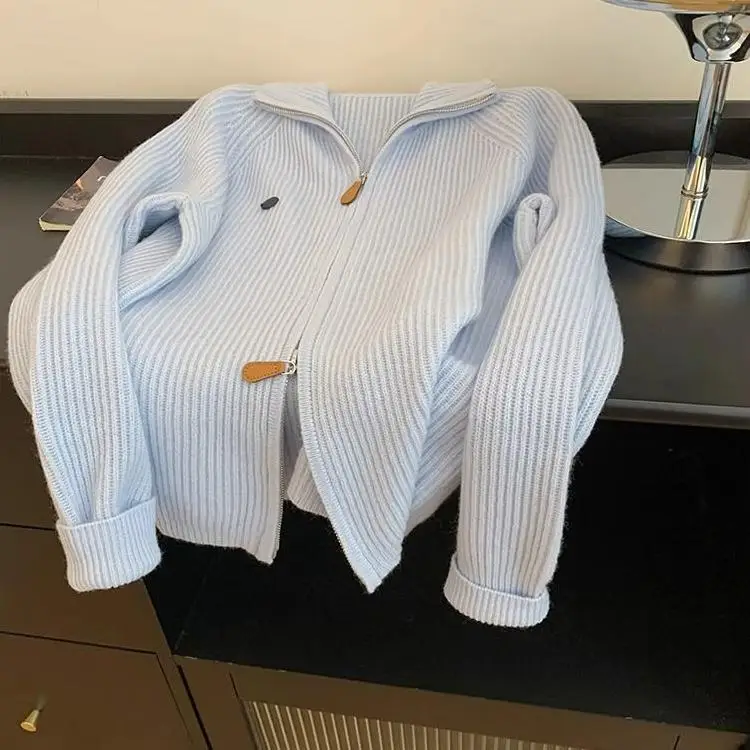 

plus Size 300 Pou Fat MM Light Blue Soft Sli Collared Sweater Women's Autumn Double Zipper Elegance Outerwear