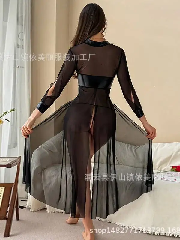 新しい ‌ セクシーな黒のメッシュシースルーロングスリーブドレス、ハイ スリット入りエロティックガウン、透明感のあるピュアな欲望の美しいドレス、チャーム593Z