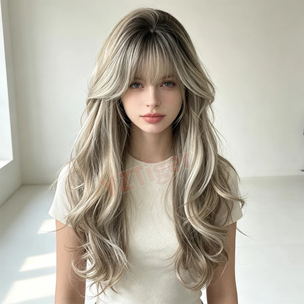 Gray Brown Long Curly Synthetic Wigs with Bangs Halloween Daily Party Cosplay Christmas Daily Use Heat Resistant Wig for Women