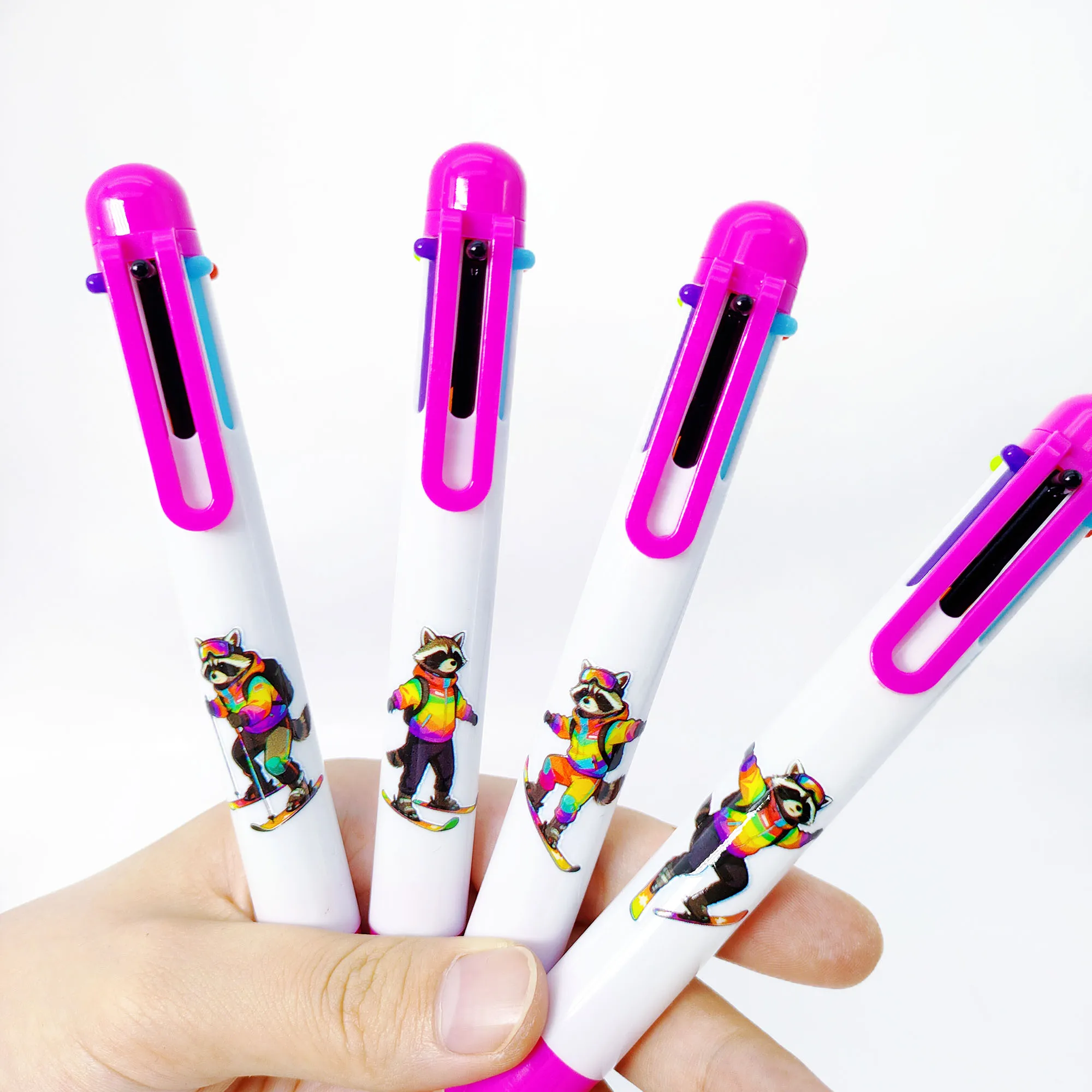 

7 шт./14 шт., многоцветная ручка на тему енота для катания на лыжах, шариковая ручка «шесть в одном», ключ для маркировки, многоцветная шариковая ручка.