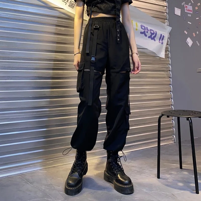 Korean Detachable Y2k Pants Casual Loose Solid High Waist Patchwork Hollow Out Pantalones 2022 Draw String Punk Wide Leg Pant