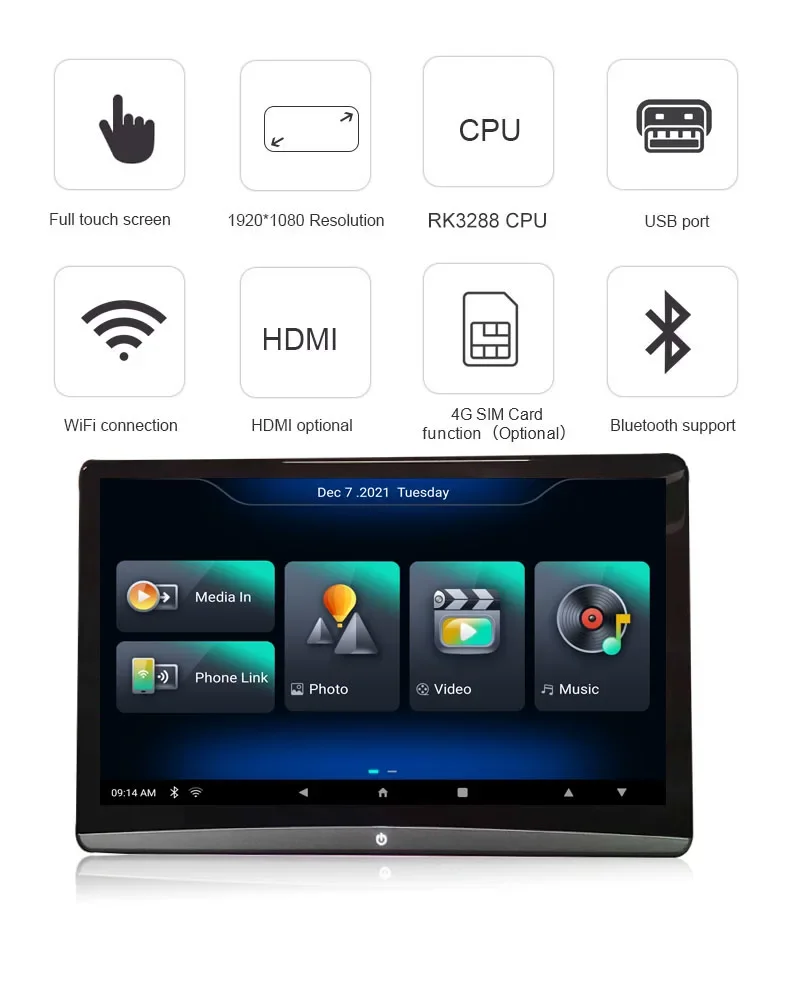 13.3 Polegadas 1920*1080 Tela Sensível Ao Toque Monitor de Encosto de Cabeça Do Carro Player com Usb Wifi Android Monitor de Encosto de Cabeça Do Carro