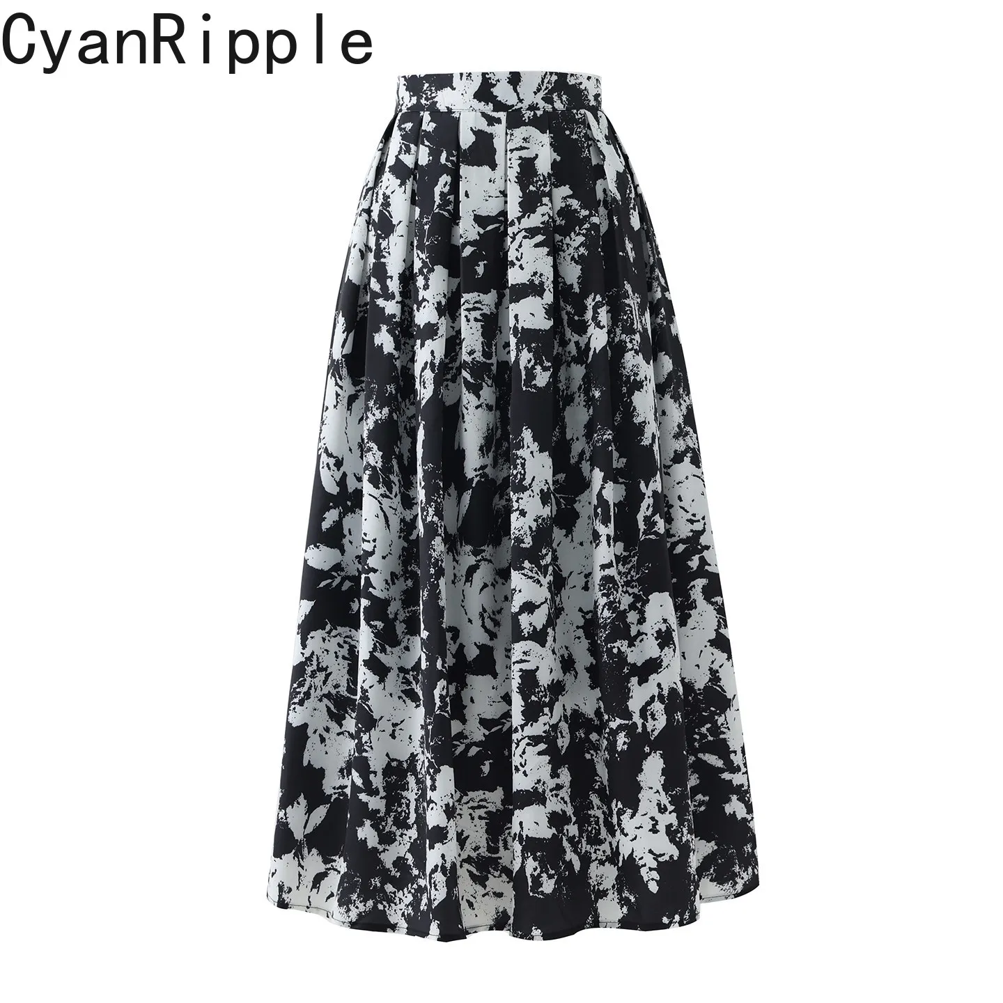 High Quality Spring Autumn Black Printing Ultra Long Skirt Women Elegant High Waist Umbrella Skirt Vintage Women A-line Skirts