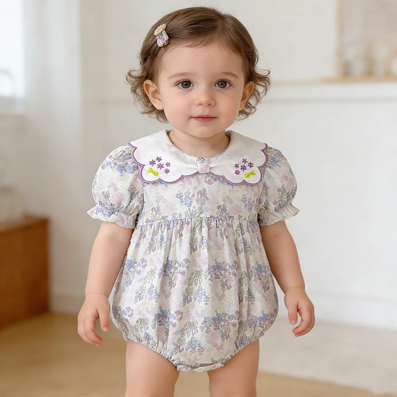 

Новый цветочный комбинезон с коротким рукавом для девочек, комплект для ползания, свободные штаны, нарядный комбинезон для младенцев, одежда для прогулок, комбинезоны