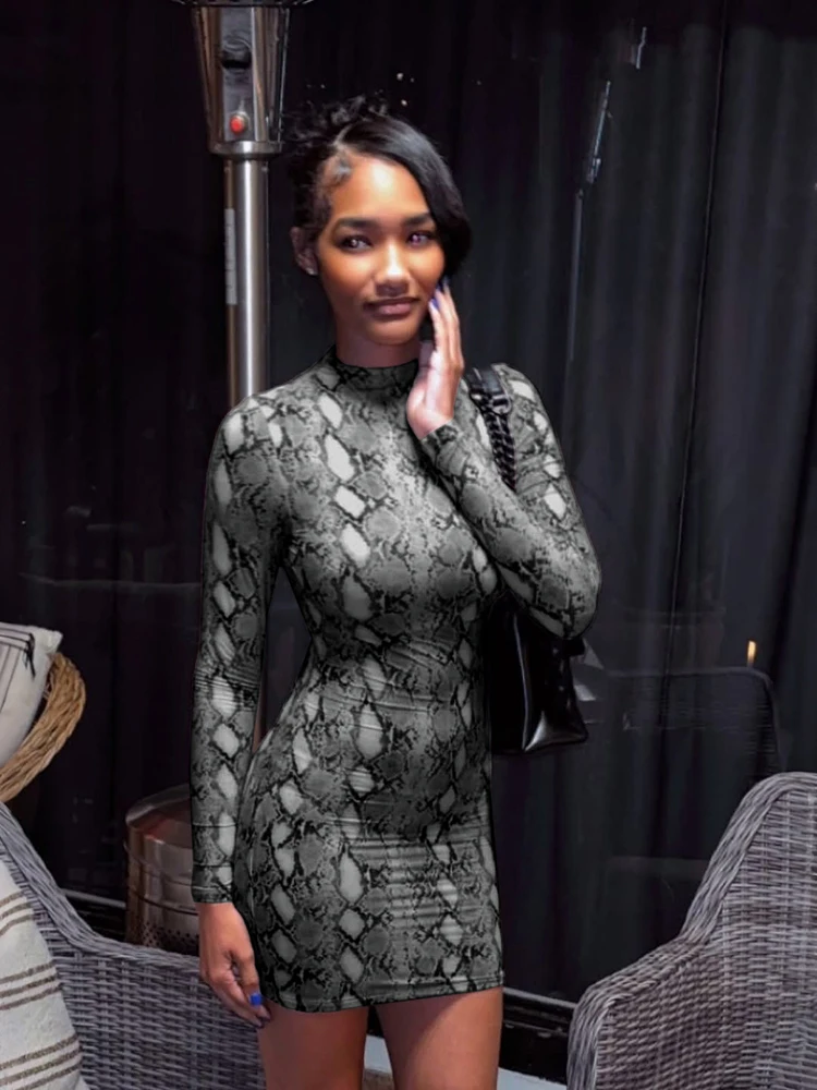 Kliou Serpentine Print Mini Dress For Woman o-Neck Full Sleeve  Skinny Stretch Hot Girl Midnight Club Party Sexy Fashion Bodycon