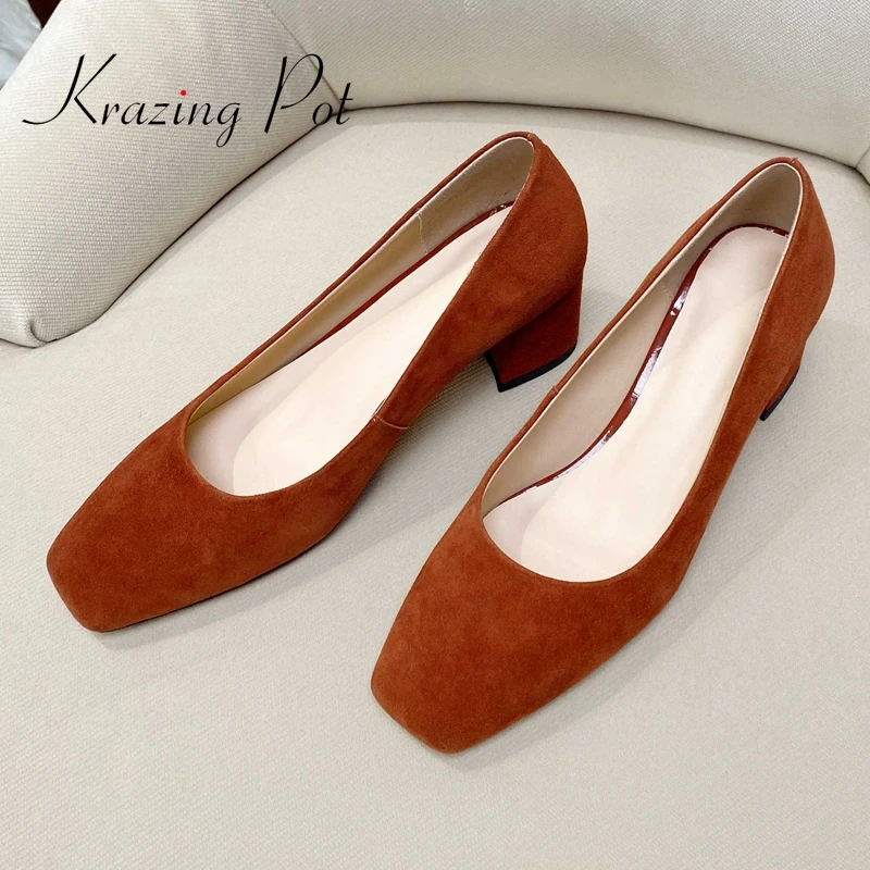 Krazing Pot Sheep Suede Square Toe High Heels Three Colors Beauty Lady Dating Concise Shallow Slip On Elegant Women Pumps L9f6