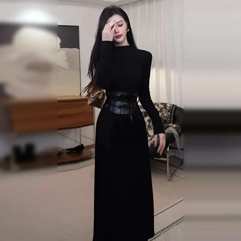 Dresses Long Sleeved Womens Dress Lady Autumn Modal Grayish Blue Half-Turtleneck Smocking Pleated Waistband Preppy Students Chic