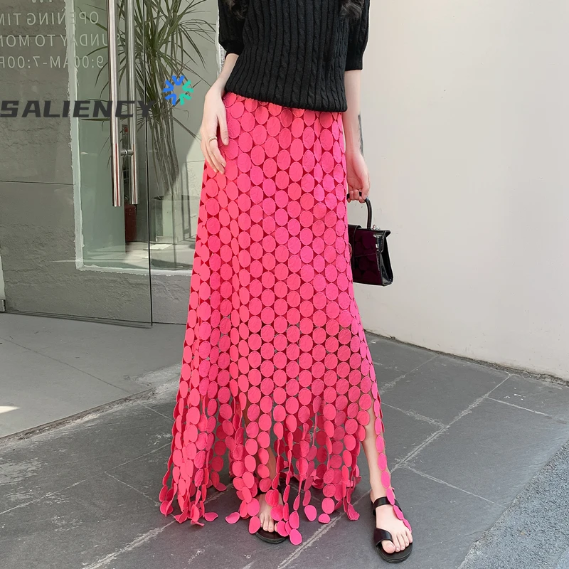 SALIENCY French Retro Hollow Out Tassel Skirt for Women Lace Three-dimensional Irregular Hem Solid Midi Skirts Summer Clothing