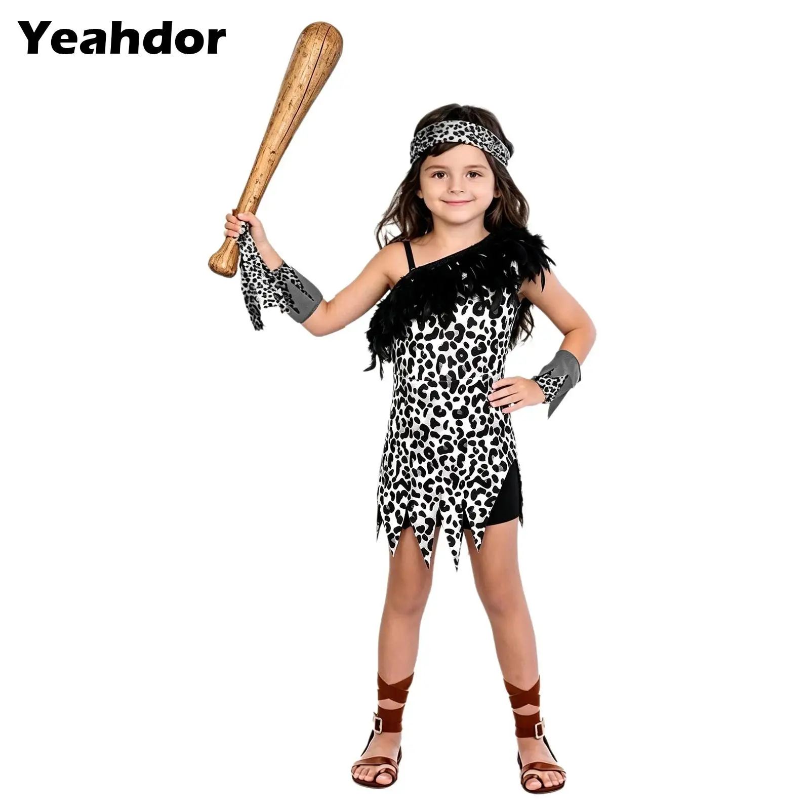 Kids Girls One Shoulder Leopard Print Dance Leotards Faux Feather Decoration Zipper Zig-zag Hemline Dress with Built-in Shorts