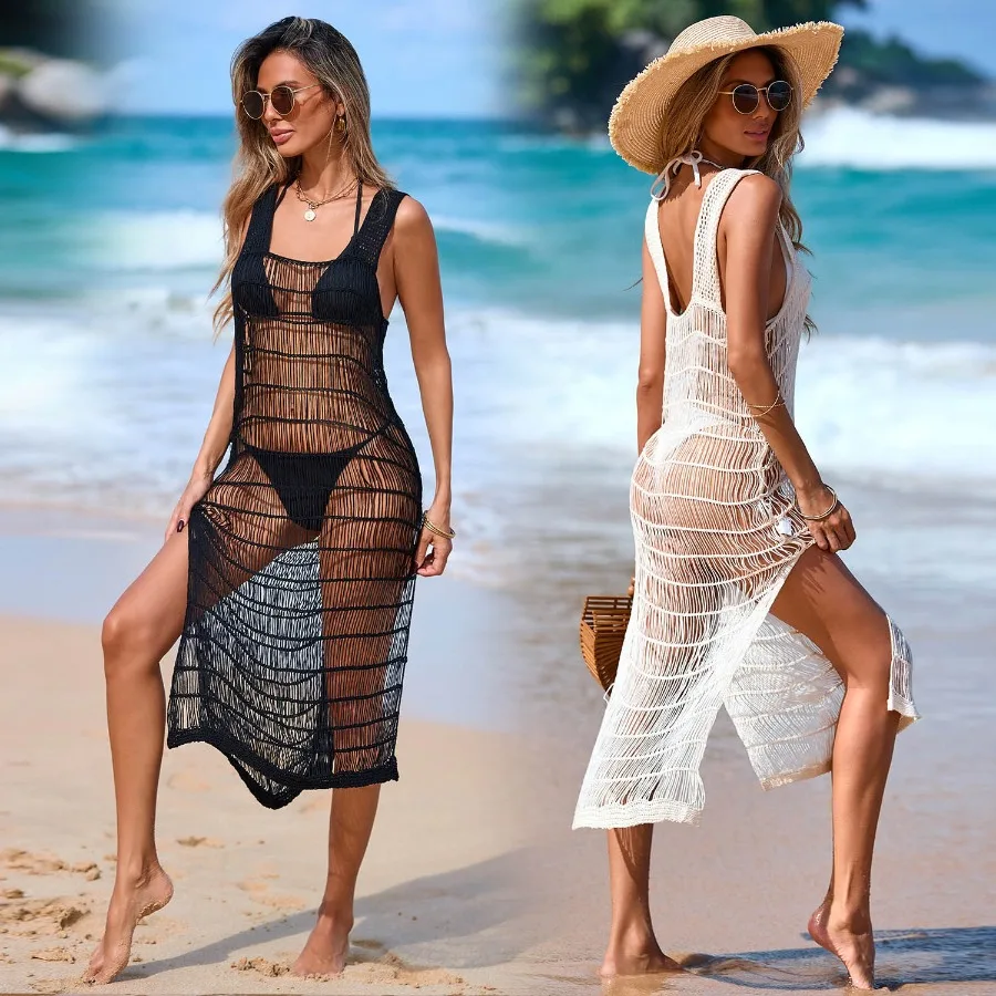 

【HOT】2026 new European and American sling dresses side open long hollow bikini outer blouse beach skirt