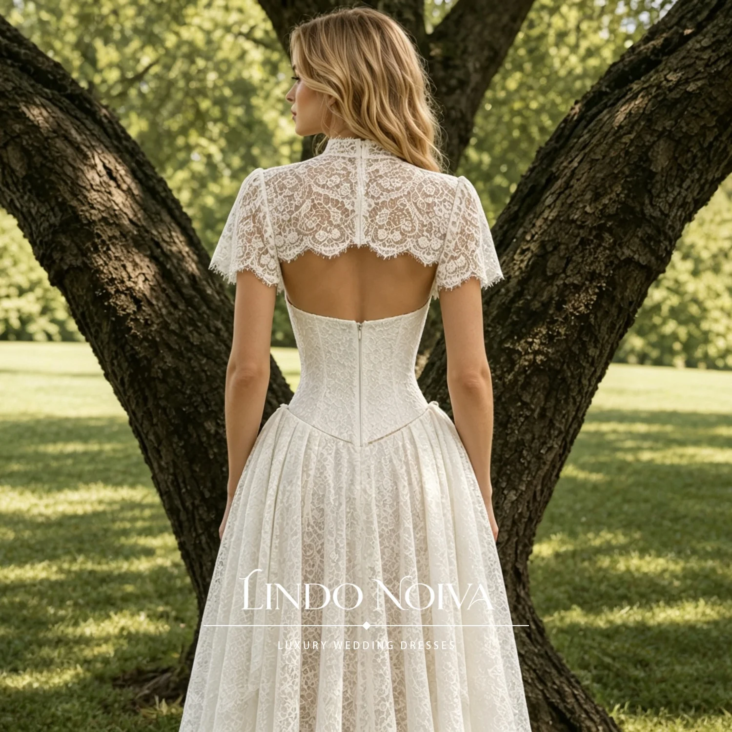 LINDO NOIVA Couture 2Pcs High Neck Cape Sleeve Wedding Dress Vintage Lace Mini Strap Vestidos De Novia Gown Draped Overskirt