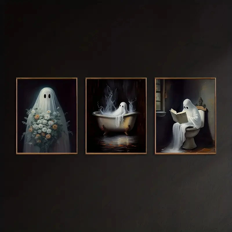 

3pcs/Set Retro Halloween Canvas Posters Ghosts in Modern Art Bathtubs Wall Decorations, Autumn Decorations, Room Decor Frameless