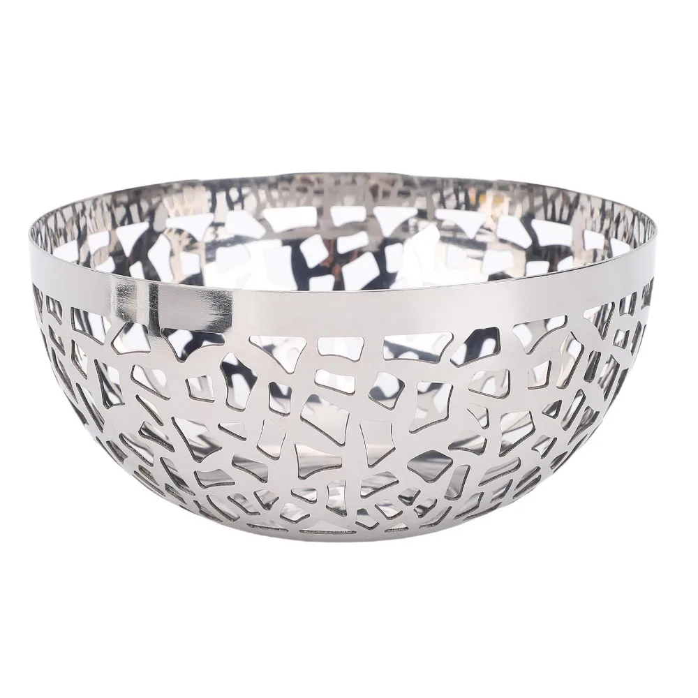 Rustless Steel Food Basket Hollow Out Mesh Hole Storage Basket Smooth Polished Round Frame Fruit Basket Vegetable Washing