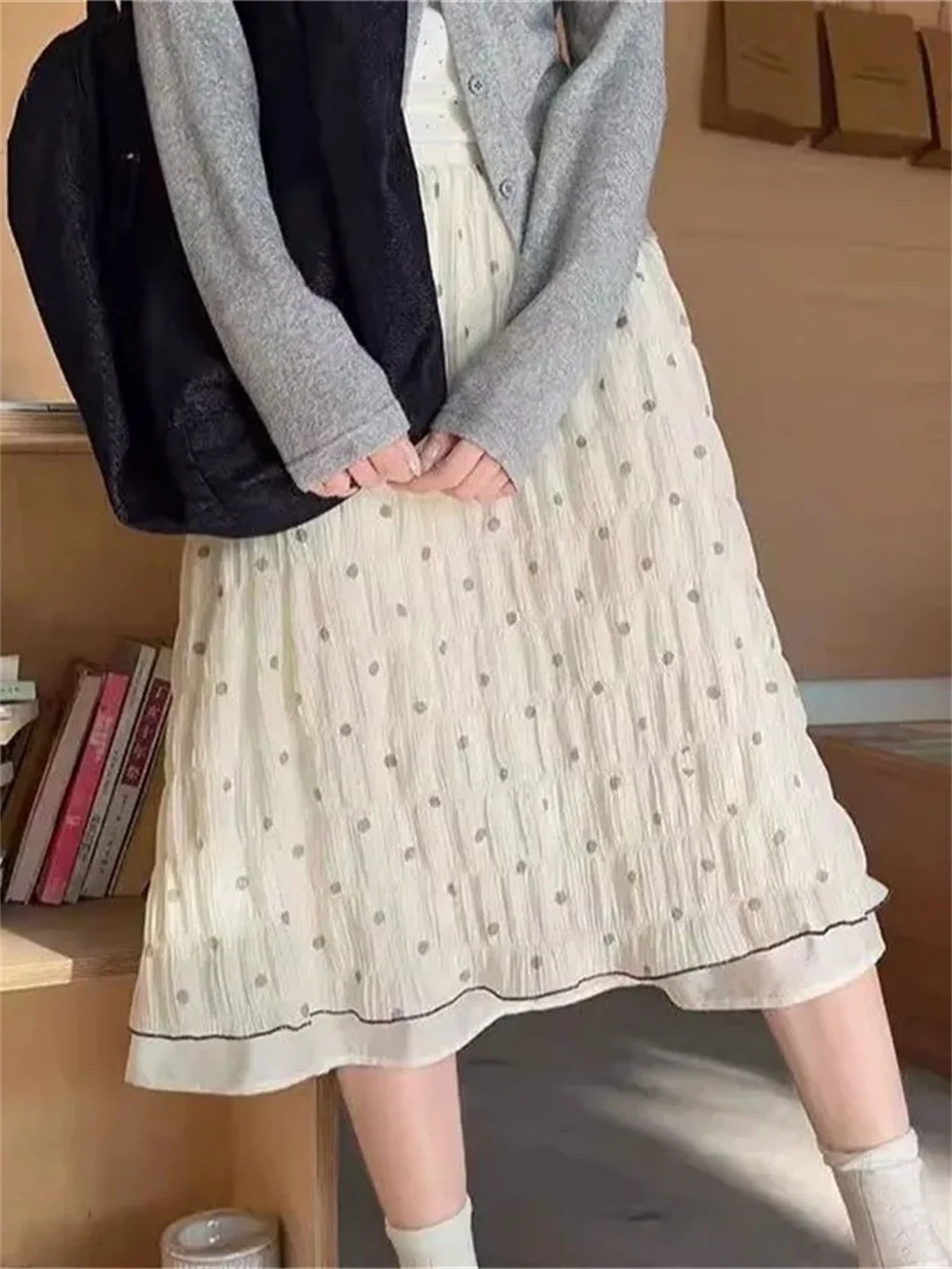 Vintage Polka Dot Print Mixed Bulb Wrinkled Double-Layer Skirt Contrasting Color Edge A-Line Midi Skirts Korean Spring Summer