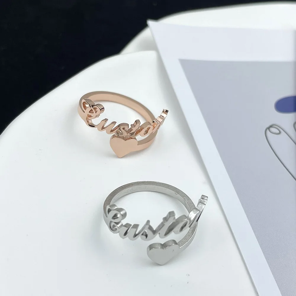 Personalized Letter Stainless Steel Adjustable Size Rings Custom Name Heart Women Opening Rings Gold Jewelry Gift Anillos Pareja