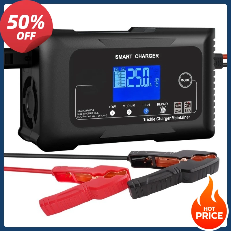 

For Truck Motorcycle Lead Acid Lifepo4 Battery AGM GEL Lithium 12V 25A 24V 13A Car Auto Battery Charger LCD Repair Charger