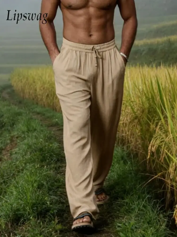 

Stylish Solid Color Linen Bottoms Mens Spring Fall Vintage Drawstring Loose Straight Pants Men Casual Breathable Linen Trousers