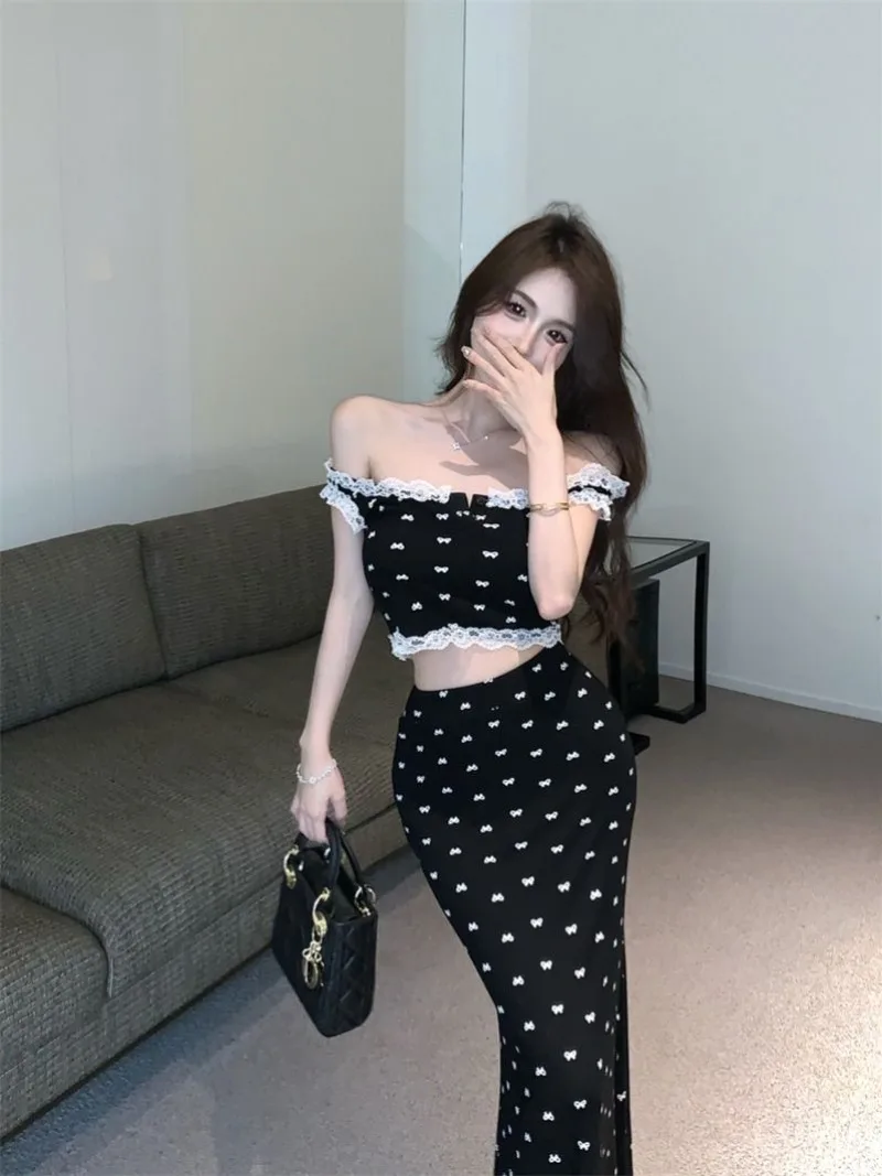 Black Bow Suspender Vest Top for Women's Summer New Buttocks Wrapped Skirt with Lace Patchwork Two-piece Set Female Clothing