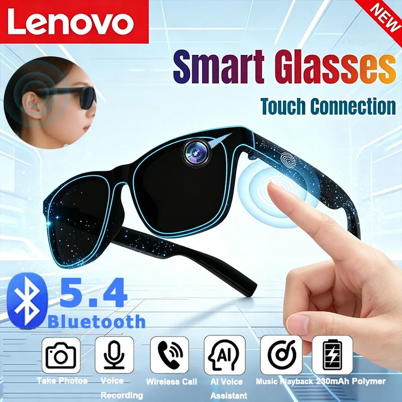 Lunettes intelligentes Lenovo Bluetooth 5.4 avec caméra IA, enregistrement photo 8K, télécommande, traducteur tactile, assistant vocal, lunettes de soleil sans fil