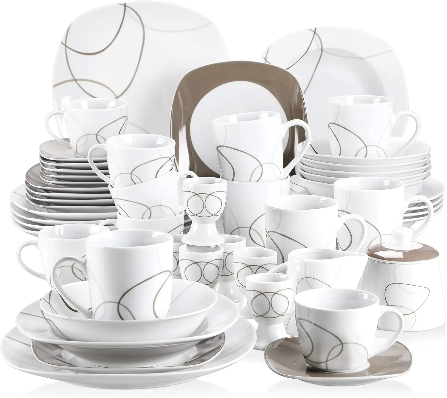 VEWEET, Series Nikita, 50-Piece Dinnerware Sets for 6, Including Porcelain Plates Sets, Bowls, Mugs, Egg Cups,Cup and Saucer Set