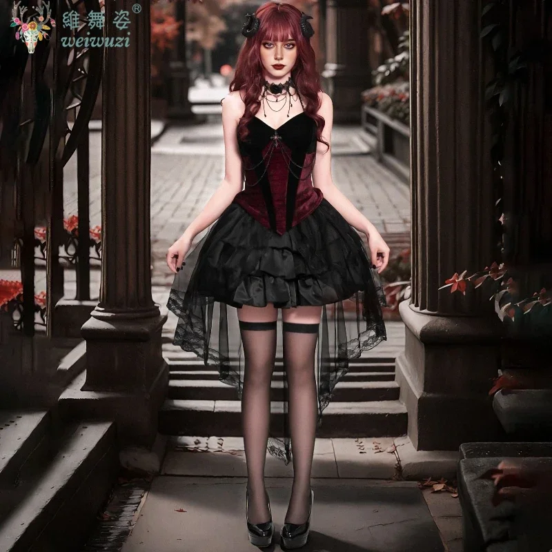 

Halloween Woman Cosplay Dark Gothic Witch Demon Vampire Ghost Bride Tailcoat Suspender Dress Terrifying Zombie Death Black Dress