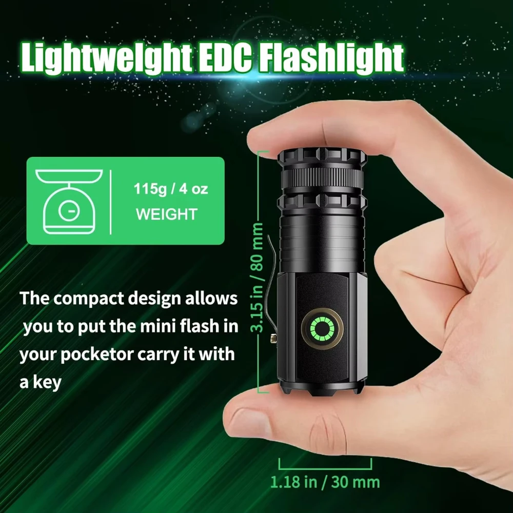 Powerful Mini EDC LED Flashlight 2000LM Super Bright Rechargeable Aluminium Torch with Tail Magnet Outdoor Camping Hiking Lamp