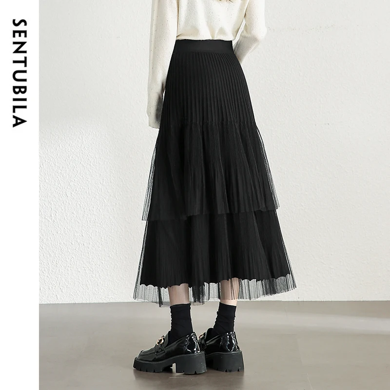 SENTUBILA Pleated Detail A-line Skirt for Women 2024 Autumn Elegant Patchwork Mesh Gauze High Waist Knit Cake Skirt W44Q57447