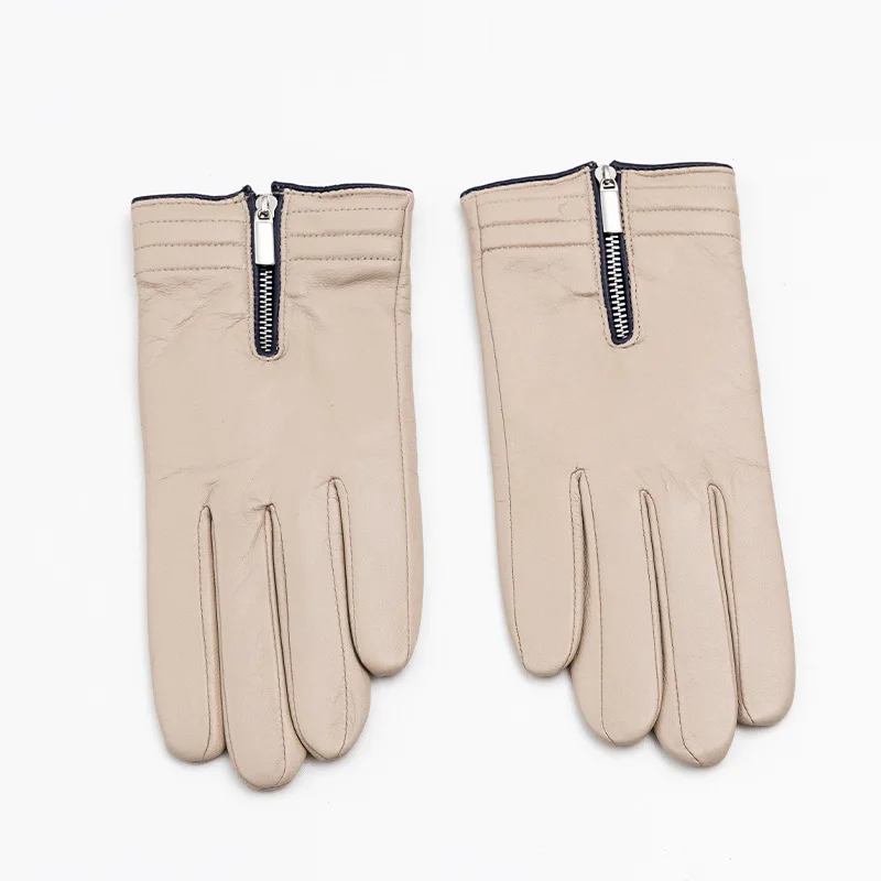 

Women's leather gloves beige stylish and simple, commuter zipper clothing clothing gloves