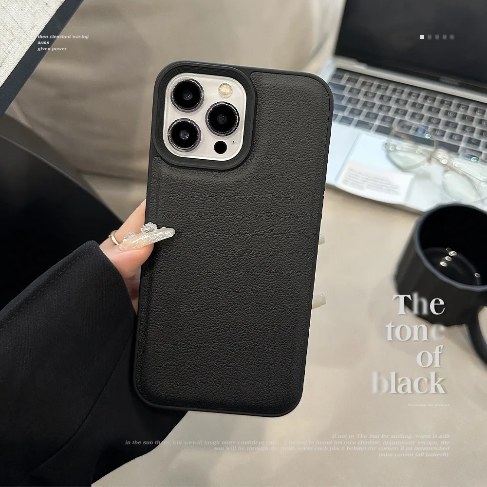 Premium Black Leather Grain Phone Case For iPhone15 14 13 12 11 Pro Max  TPU Fall Prevention Case Cover New Products