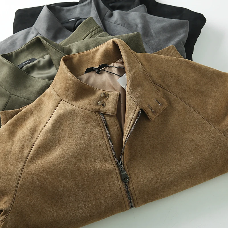

Smooth Soft Suede Men's Casual Jacket Pure Color Autumn Winter Stand Collar Zipper Closure Polyester Fiber Elastic Fiber