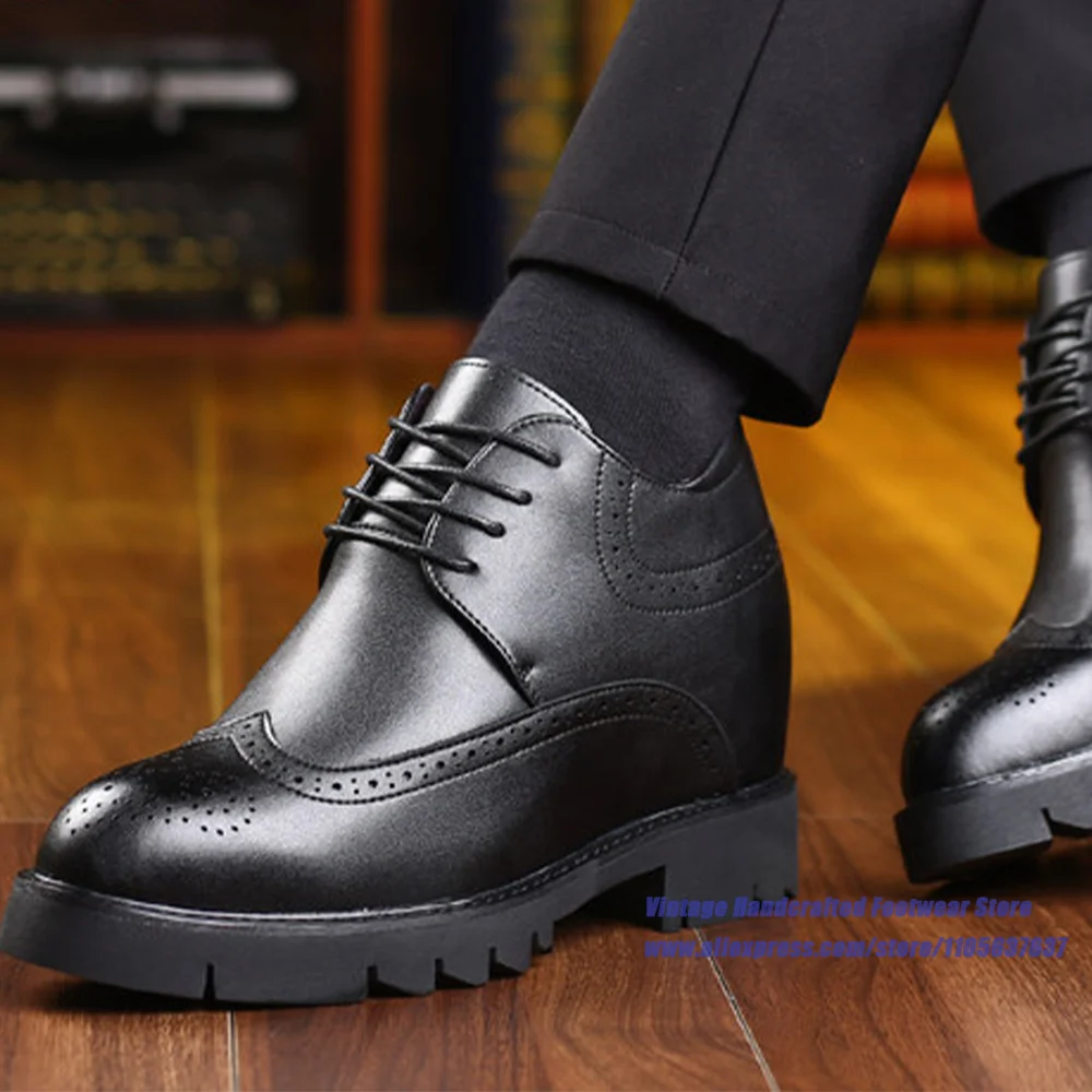 Men's Black Leather Height Increasing Brogue Oxford Shoes Round Toe Lace-Up Thick Platform Sole Wedding Formal Dress Shoes