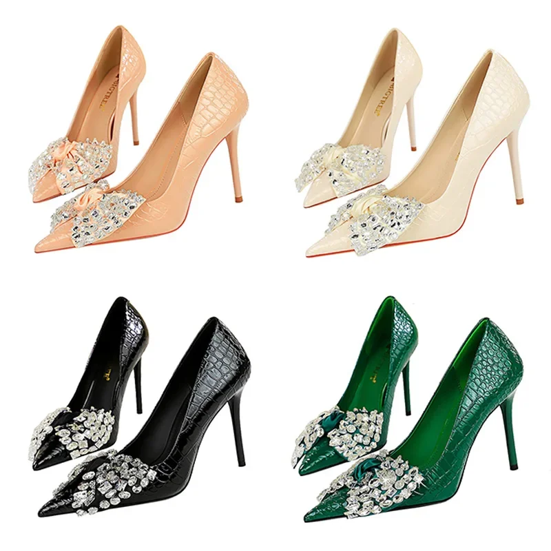 New Gentle Women 10cm High Heels Cute Rhinestone Butterfly Knot Pumps Lady Serpentine Leather Green Nude Heels Bling Party Shoes