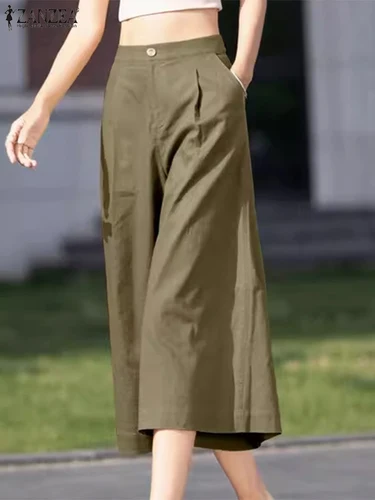 ZANZEA, pantalones largos rectos para mujer, pantalones coreanos de cintura alta, pantalones cortos de pierna ancha holgados informales, pantalones para vacaciones de verano 2024