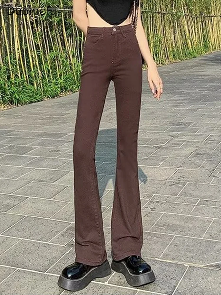 

Duomofu Brown Sexy High Waist Slim Casual Street Women Jeans New Chicly Full Length Fashion XS-2XL Pure Color Female Flare Jeans