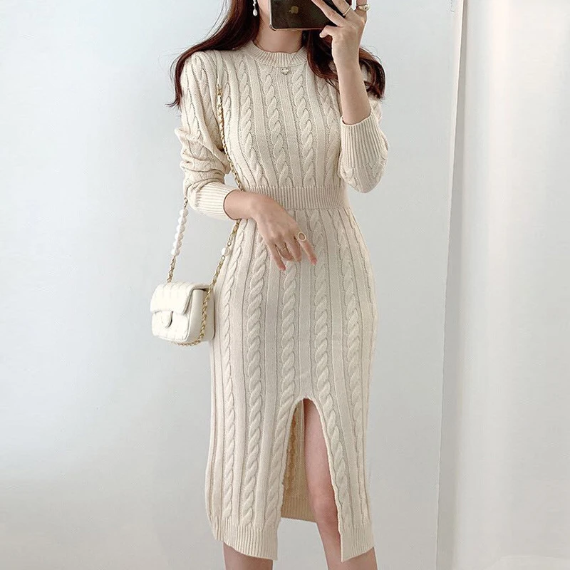 

Sweater Dress Women Solid Autumn Dresses Clothing Thick Winter 2022 Elegant Korean Woman Knitted Vintage New Warm Vestido Femme