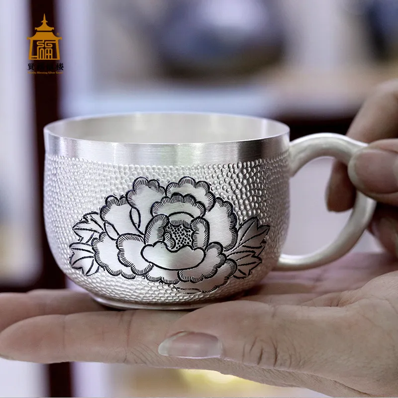Suitable for Sterling Silver Tea Cup 999 Foot Silver Master Handmade Mug Household Flower Silver Carving Coffee White Wine Cup