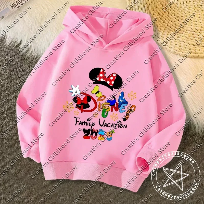 Disney Kawaii 2025 Fashion Disneyland Trip Vacation Clothes Caricature Hoodie Children Top Cartoons Girl Clothes Boy Disney Kids