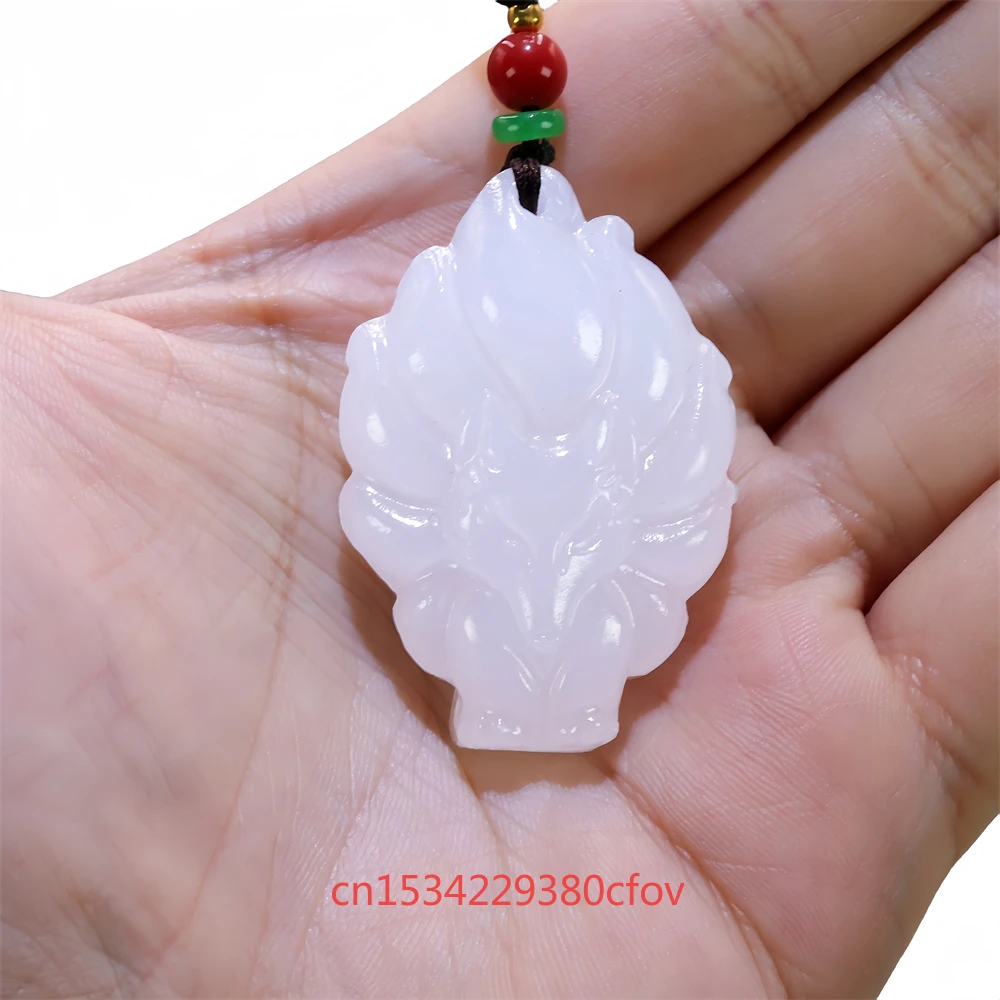 White Jade Nine Tailed Fox Pendant Gifts Women Fashion Men Buddha Amulet Chinese Natural Charm Jewelry Necklace Jadeite Carved