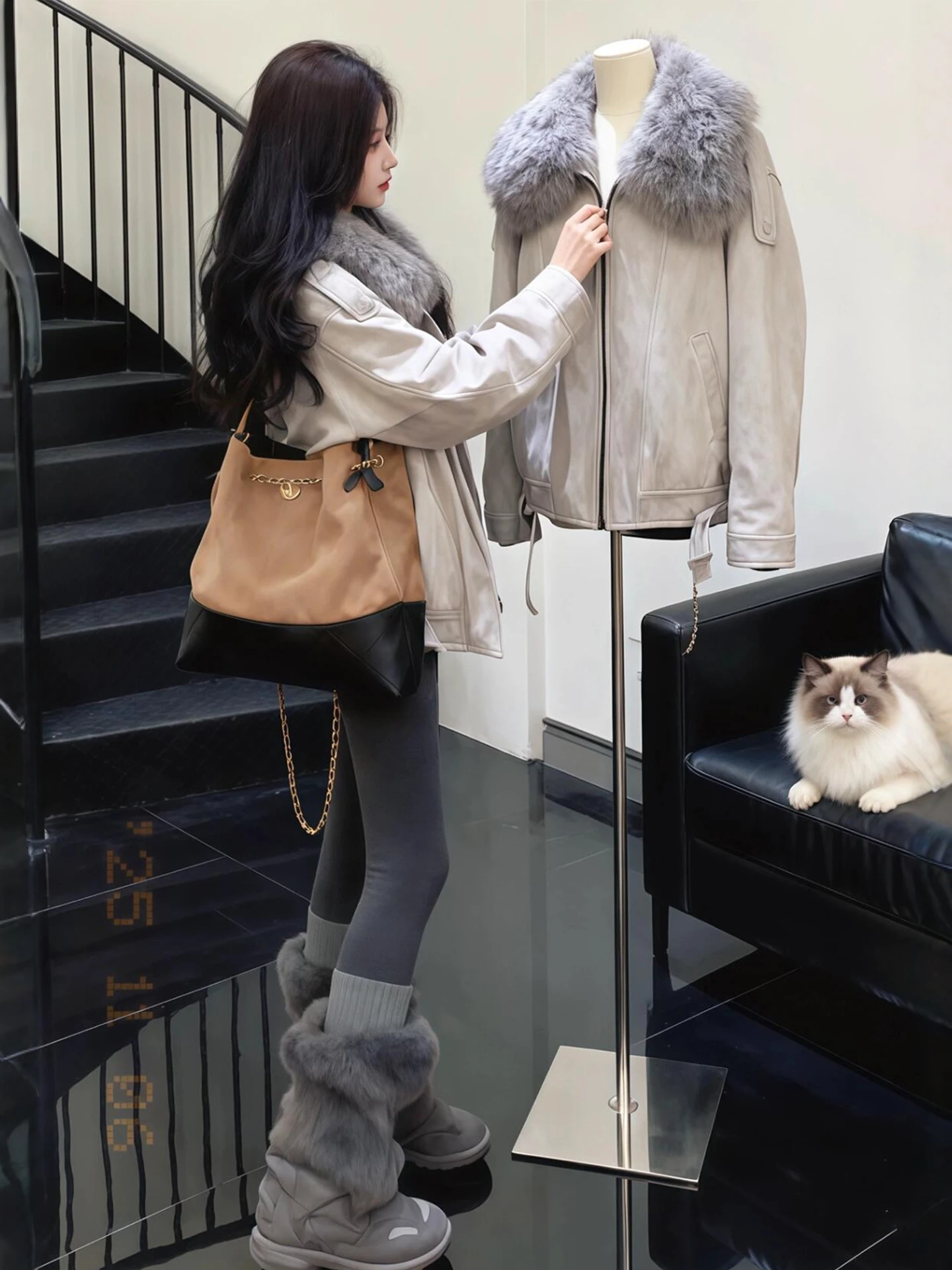 

Detachable Thiened Parka Coat Women's Winter Large Size Faionable Workwear Warm Cotton Jaet with Big Fur Collar