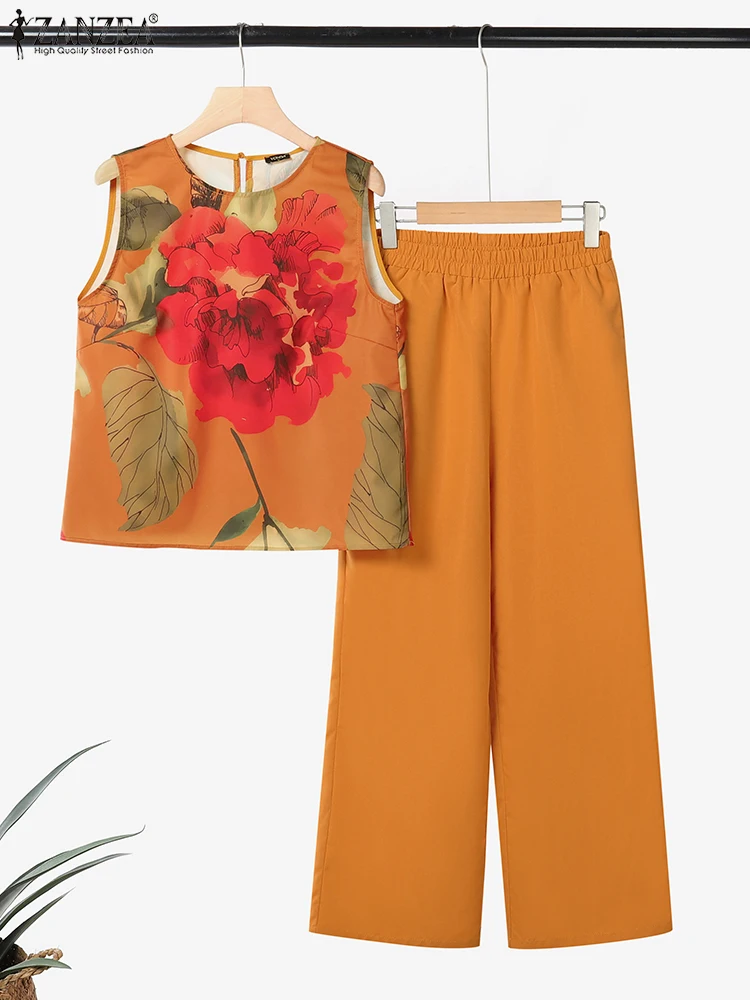 

ZANZEA, 2 шт., модная блузка без рукавов с принтом, комплекты брюк, летняя одежда 2025, женский спортивный костюм, повседневные комплекты из 2 предметов с цветочным принтом, большие размеры