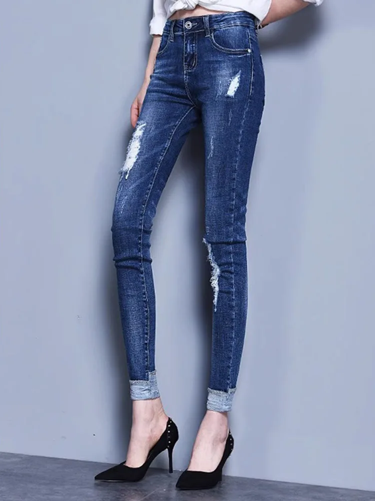Hole Skinny High Waist Pencil Jeans Korean Streetwear Stretch Cuffs Denim Pants Spring Fall Vintage Ankle Length Kot Pantolon