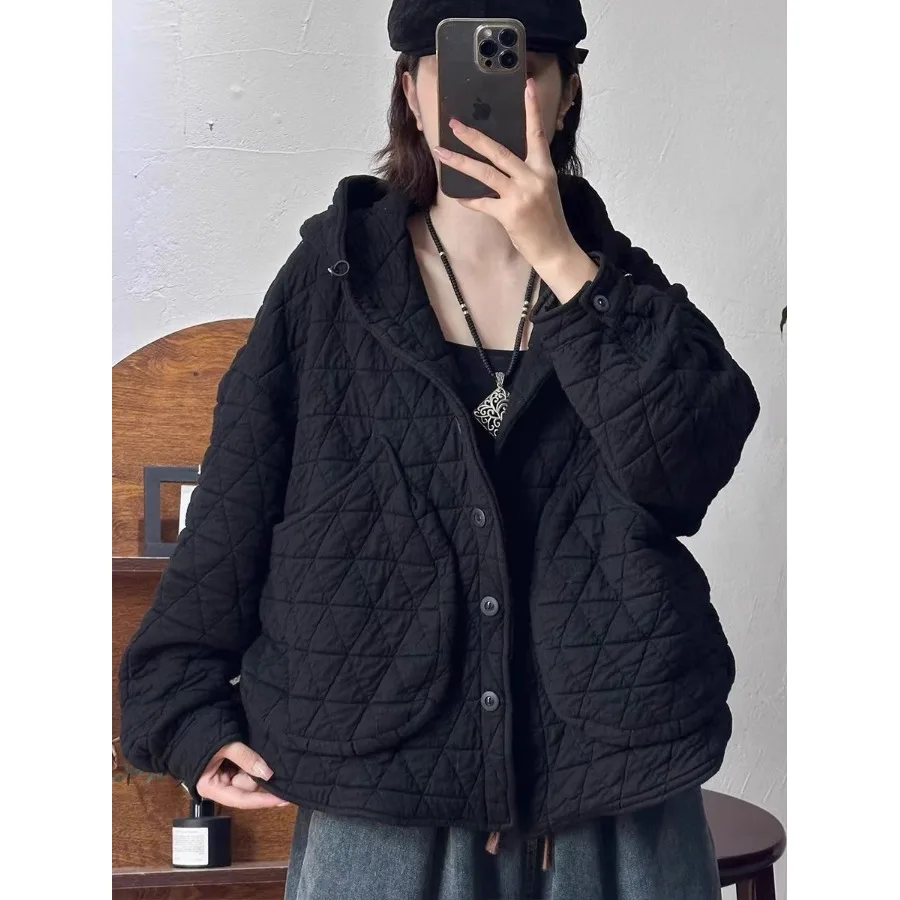 เสื้อคลุมผ้าฝ้ายลำลองสำหรับผู้หญิง ลายเพชรแฟชั่น มีฮู้ด ทรงหลวม พร้อมกระเป๋าใบใหญ่ รุ่นใหม่ล่าสุดสำหรับฤดูใบไม้ร่วงและฤดูหนาว